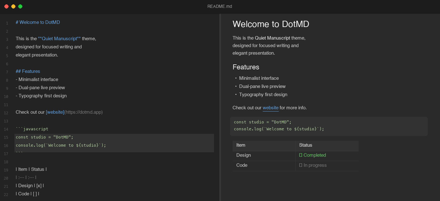 DotMD app — split-pane markdown editor with live preview